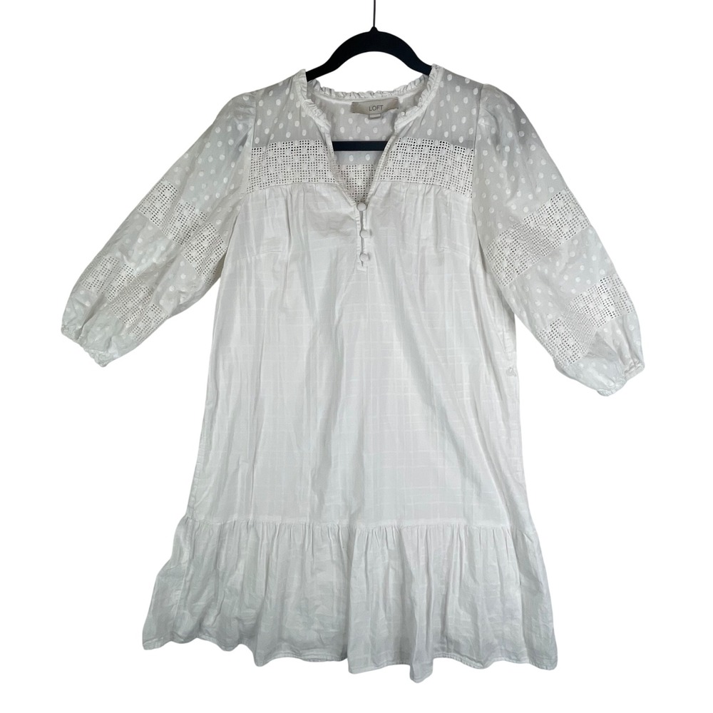 LOFT Eyelet Dress White Polka Dot 3/4‎ Sleeve Casual Summer Dress Small